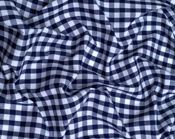 Navy Blue Gingham 1/4" Checkered Poly Cotton 58" Wide Fabric- Sold by the yard