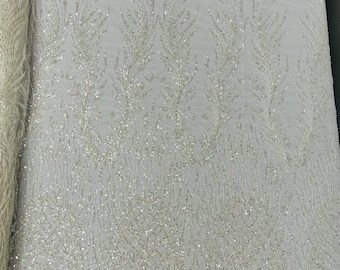 White feathers damask embroider and clear heavy beaded on a mesh lace fabric-sold by the yard-