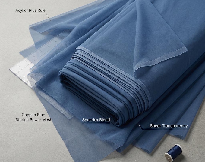 Copen Blue Power Mesh Fabric, Stretch Sheer Spandex, 4 Way Stretch Nylon Mesh, 60 Inch Wide, Breathable Fabric by the Yard