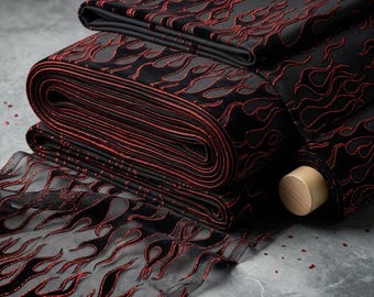 Black Flame Fabric 60” Wide | Black Flocked Flames Mesh with Red Glitter | Hot Rod Upholstery, Costume & Fashion Fabric