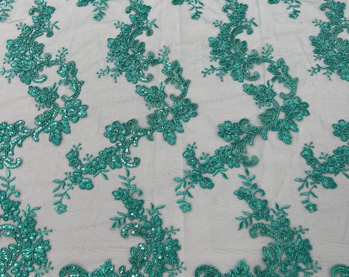 Teal Green flower lace corded and embroider with sequins on a mesh-Sold by the yard.