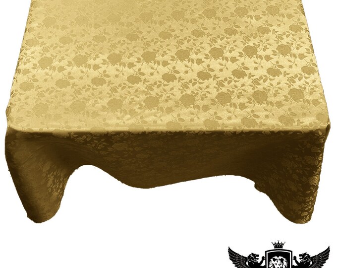 Neutral Gold Square Tablecloth Roses Jacquard Satin Overlay for Small Coffee Table Seamless.