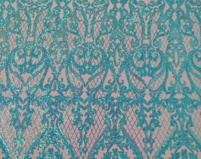 Deluxe damask Mint iridescent sequin design on 4 way stretch mesh fabric-prom-sold by the yard.