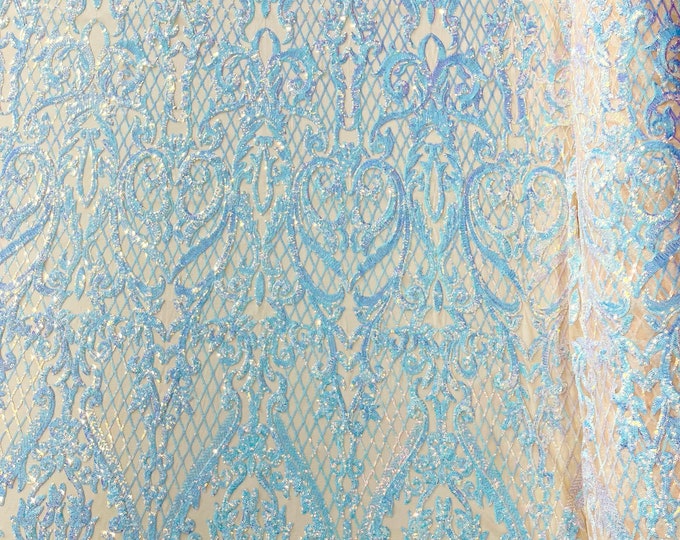 Aqua iridescent Heart Damask sequin design on a Nude 4 way stretch mesh fabric-prom-sold by the yard.