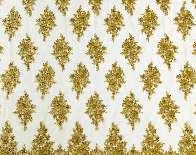 Metallic Gold - Erin Diamond Beaded Metallic Floral Embroider On a Mesh Lace Fabric-Sold By The Yard-