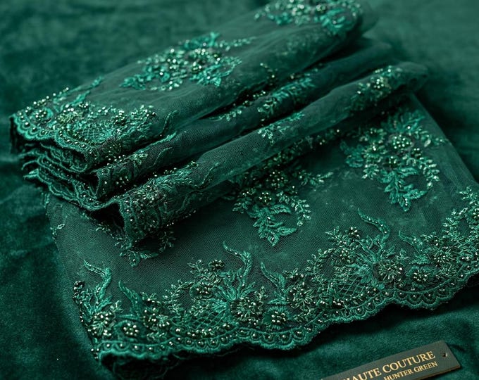 Hunter Green Beaded Mesh Lace Fabric By The Yard, Embroidered Bridal Lace For Prom Dresses & Wedding Gowns
