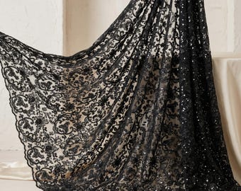 Black Corded Floral Lace Fabric By The Yard, Sequin Embroidered Mesh Lace For Bridal Gowns, Prom Dresses & Luxury Couture Sewing