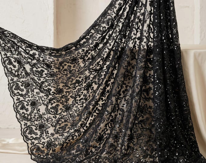 Black Corded Floral Lace Fabric By The Yard, Sequin Embroidered Mesh Lace For Bridal Gowns, Prom Dresses & Luxury Couture Sewing