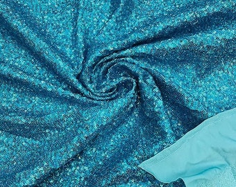 Turquoise Hologram - Mini Glitz Sequins on a 4 Way Stretch Spandex Fabric- Sold by The Yard.
