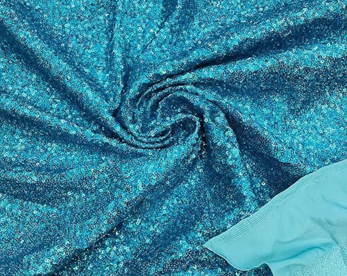 Turquoise Hologram - Mini Glitz Sequins on a 4 Way Stretch Spandex Fabric- Sold by The Yard.