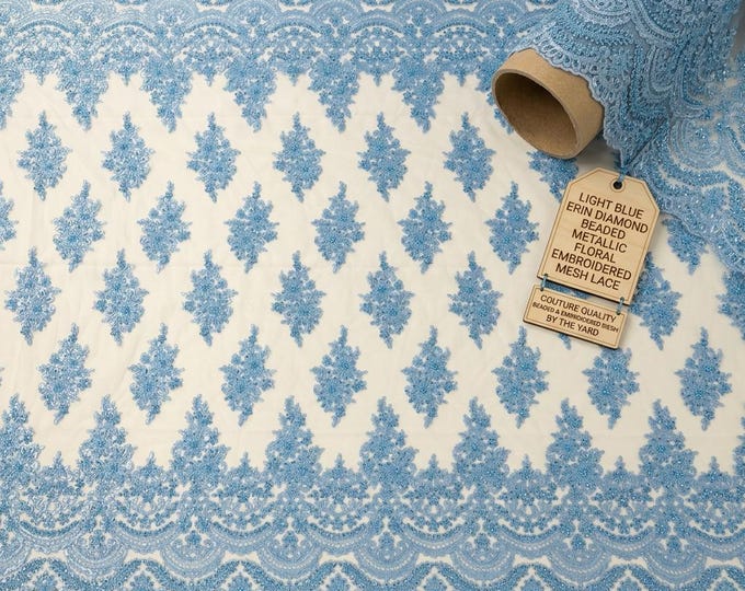 Light Blue Beaded Lace Fabric by the Yard, Floral Embroidered Mesh Lace for Bridal Wedding & Prom Dresses