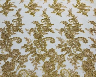 Gold metallic Gomez Floral design corded embroider with sequins on a mesh lace fabric-sold by the yard.