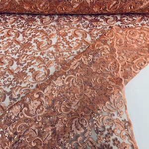 Coral Corded Flower Lace Embroider with Sequins Fabric, Bridal Wedding Dress
