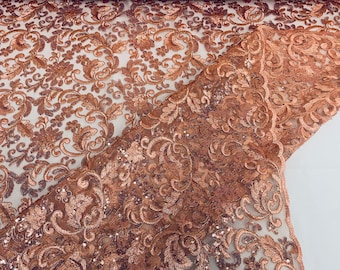 Coral Corded Flower Lace Embroider with Holographic Sequins Fabric - Sold by the Yard.