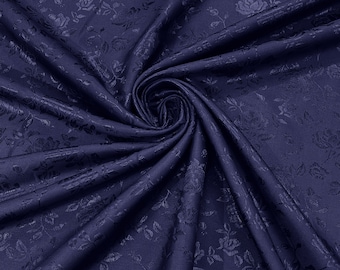 Navy Blue 60" Wide Polyester Roses/Flowers Brocade Jacquard Satin Fabric/Cosplay Costumes, Skirts, Table Linen/Sold By The Yard.