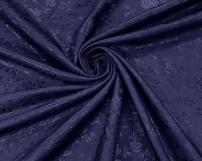 Navy Blue 60" Wide Polyester Roses/Flowers Brocade Jacquard Satin Fabric/Cosplay Costumes, Skirts, Table Linen/Sold By The Yard.