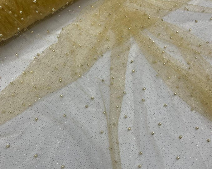 Gold Pearl Glitter Studded Mesh, 2-Way Stretch Shimmer Mesh Fabric, Sold by the yard.