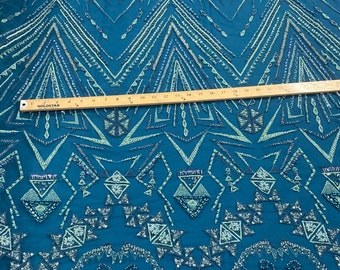 Teal multi color geometric design with heavy beaded and sequins on a mesh lace-prom-nightgown-sold by the yard.