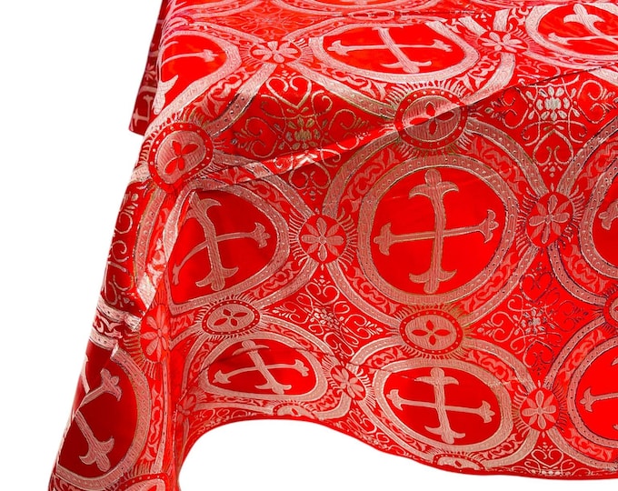 Red/Silver - Rectangular Metallic Cross Brocade Jacquard Satin Tablecloth Overlay/Religious Brocade/Liturgical Fabric/Church.