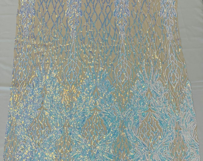 Aqua iridescent damask sequin design on a nude 4 way stretch mesh fabric-prom-sold by the yard.