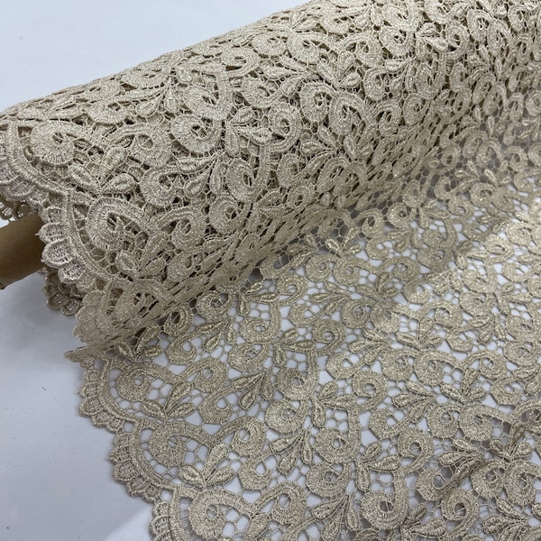 Dentelle guipure vigne métallisée or champagne à broder 40" de large / Tissu pour bal de promo/mariage/chemises de nuit/nuptiale/nappes