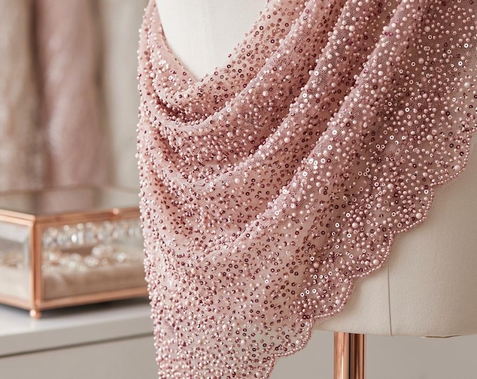 Dusty Pink Luxury Beaded Mesh Fabric With Pearls & Sequins | Wedding Dress Lace By The Yard | Prom Gown Fabric