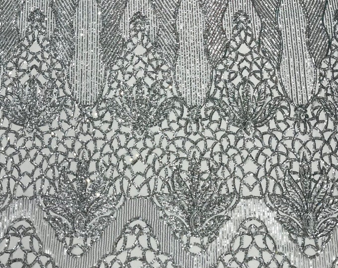 Silver shiny floral damask sequin design on a white 4 way stretch mesh-prom-sold by the yard.