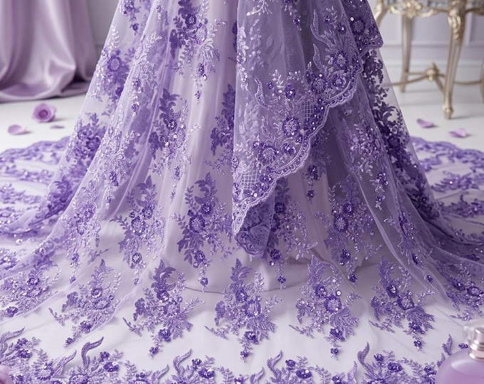Lavender French Beaded Lace Fabric by the Yard, Embroidered Bridal Mesh Lace for Wedding Dress, Prom Gown, Couture Fabric