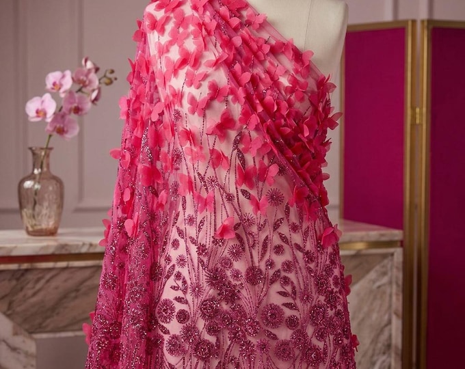 Fuchsia 3D Floral Butterfly Beaded Lace Fabric by the Yard, Luxury Pink Mesh Lace for Prom Dress, Bridal Gown, Couture Evening Wear