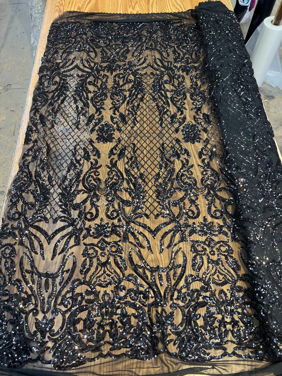 TURQUOISE SHINY SEQUIN DAMASK DESIGN EMBROIDERY ON A 4 WAY STRETCH MESH-1 YARD. main image 1