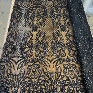 Black Shiny sequin damask design embroidery on a 4 way stretch mesh-dresses-prom-nightgown-Sold by yard.