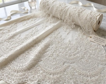 Tela de encaje con cuentas color marfil cortada a medida, encaje de malla bordado floral de lujo, tela para vestido de novia, material para vestido de fiesta de alta costura con lentejuelas