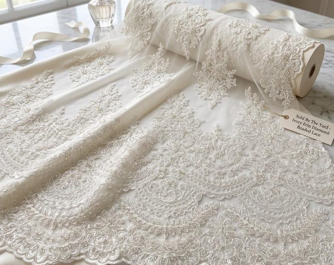 Ivory Beaded Lace Fabric by the Yard, Luxury Floral Embroidered Mesh Lace, Bridal Wedding Dress Fabric, Sequins Couture Prom Gown Material