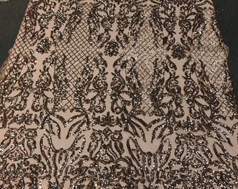 Khaki-nude shiny sequin damask design embroidery on a 4 way stretch mesh-dresses-prom-nightgown-sold by yard-free shipping.