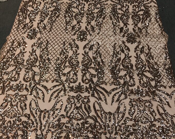 Khaki-nude shiny sequin damask design embroidery on a 4 way stretch mesh-dresses-prom-nightgown-sold by yard-free shipping.