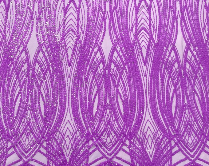 Lilac Feather damask glossy sequin design on a 4 way stretch mesh-prom-sold by the yard.