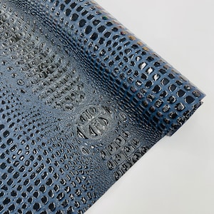 Navy/Black Glossy Two Tone Gator Fake Leather Upholstery, 3-D Crocodile Skin Texture Faux Leather PVC Vinyl/54&quot; Wide