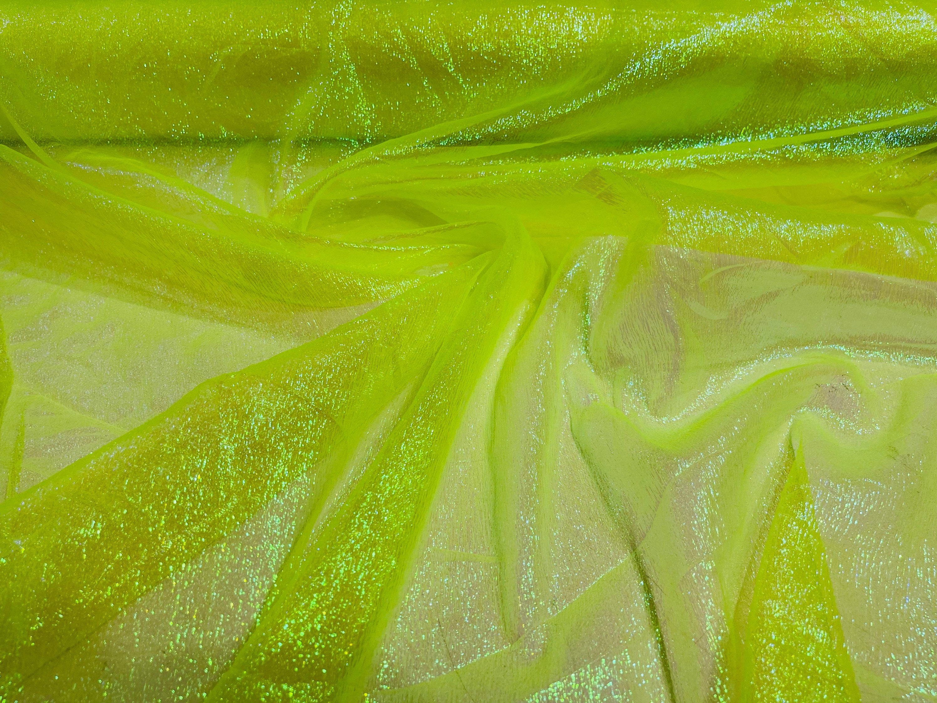 Crushed Sheer Organza - Iridescent Lime Green - 45 Organza Fabric for