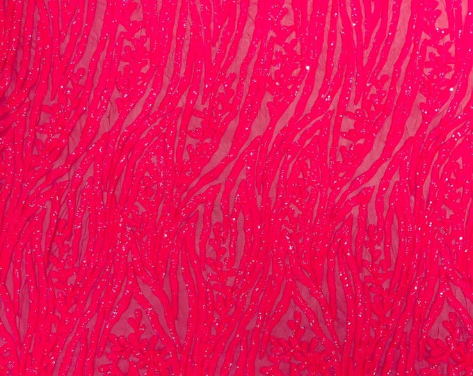 Hot Pink - Vine/Root Sequin 4 Way Stretch Mesh Fabric, by The Yard.