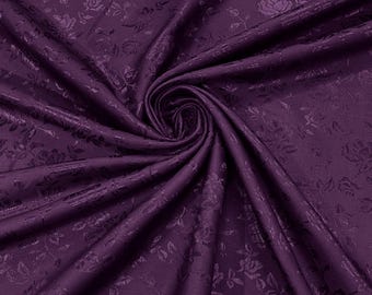 Eggplant 58" Wide Polyester Flower Brocade Jacquard Satin Fabric, Wedding, Dressmaking