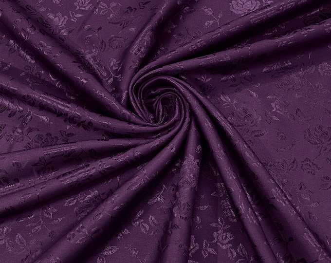Eggplant 58" Wide Polyester Flower Brocade Jacquard Satin Fabric, Wedding, Dressmaking