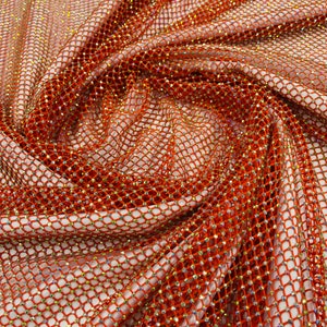 Orange AB Iridescent Rhinestones On Soft Stretch Fish Net Fabric 45&quot; Wide -sold by The Yard.