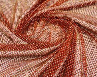 Orange AB Iridescent Rhinestones On Soft Stretch Fish Net Fabric 45" Wide -sold by The Yard.