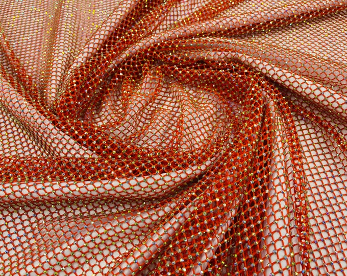 Orange AB Iridescent Rhinestones On Soft Stretch Fish Net Fabric 45" Wide -sold by The Yard.