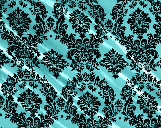 Tiff Blue - Flocked Damask Taffeta Fabric - Sold By The Yard.