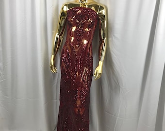 Burgundy princess design embroidery with sequins on a 4 way Stretch Mesh-dresses-fashion-prom-nightgown-apparel-sold by the yard.
