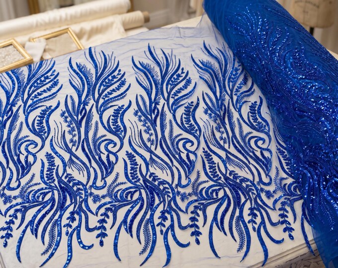 Royal Blue Feather Embroidered Beaded Mesh Lace Fabric By The Yard, Sequin Couture Lace For Prom Dresses, Bridal Gowns & Evening Wear