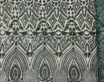 Hunter Green shiny diamond design with sequins on a 4 way stretch mesh-prom-nightgown-sold by the yard-free shipping in the USA.