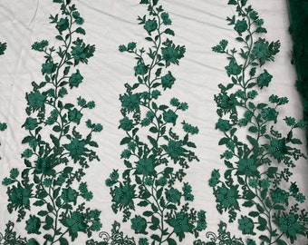 Encaje de malla bordado floral 3D de princesa verde cazador con perlas/54" de ancho.