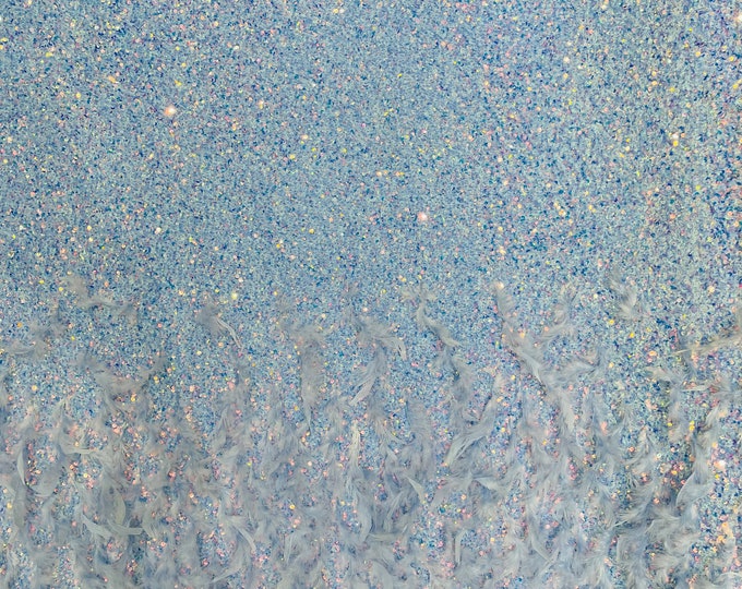 Light Blue Iridescent 5mm sequins on a stretch velvet with feathers  2-way stretch, sold by the yard